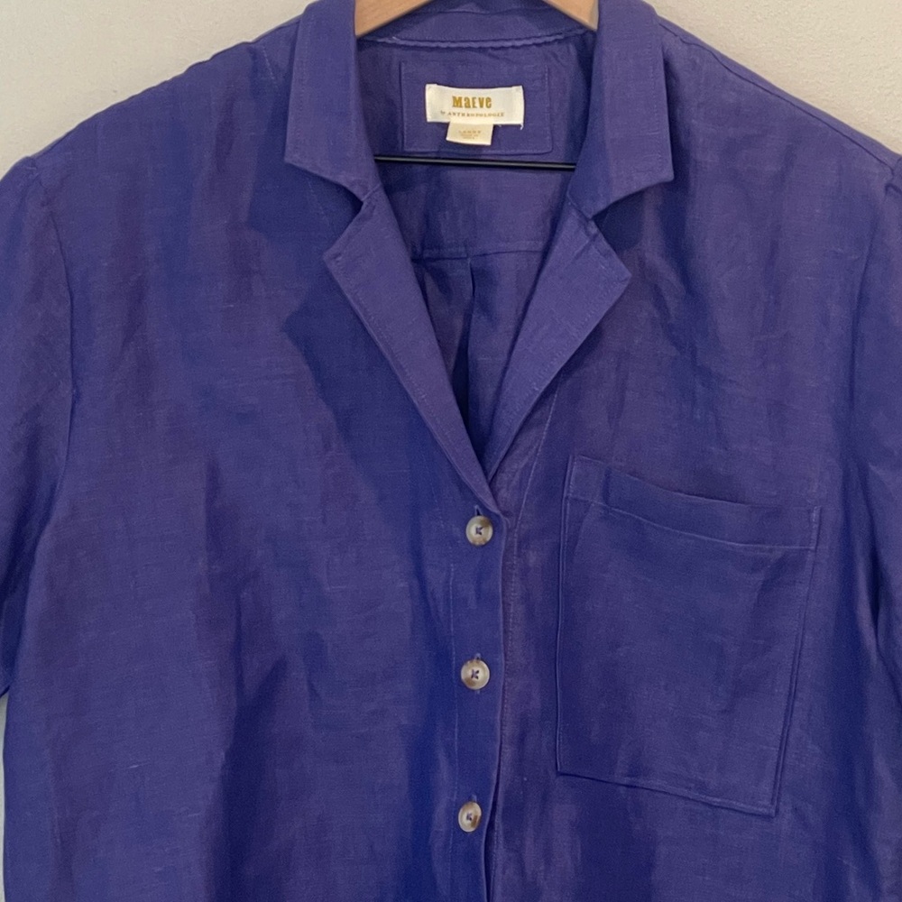 Maeve Linen Blend Short Sleeve Button-Down Shirt - Violet Blue, Anthropologie, L - Picture 14 of 16